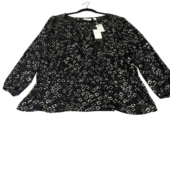 Chicos Black & White Semi-Sheer Geo Burnout Peasant Top Size 2 Polyester/Rayon B - Picture 3 of 11
